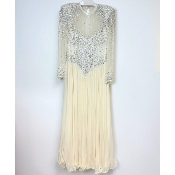 Women’s Vintage-Inspired Off-White/Cream Embellished Silk Dress W/Lettuce Hem - Picture 1 of 16